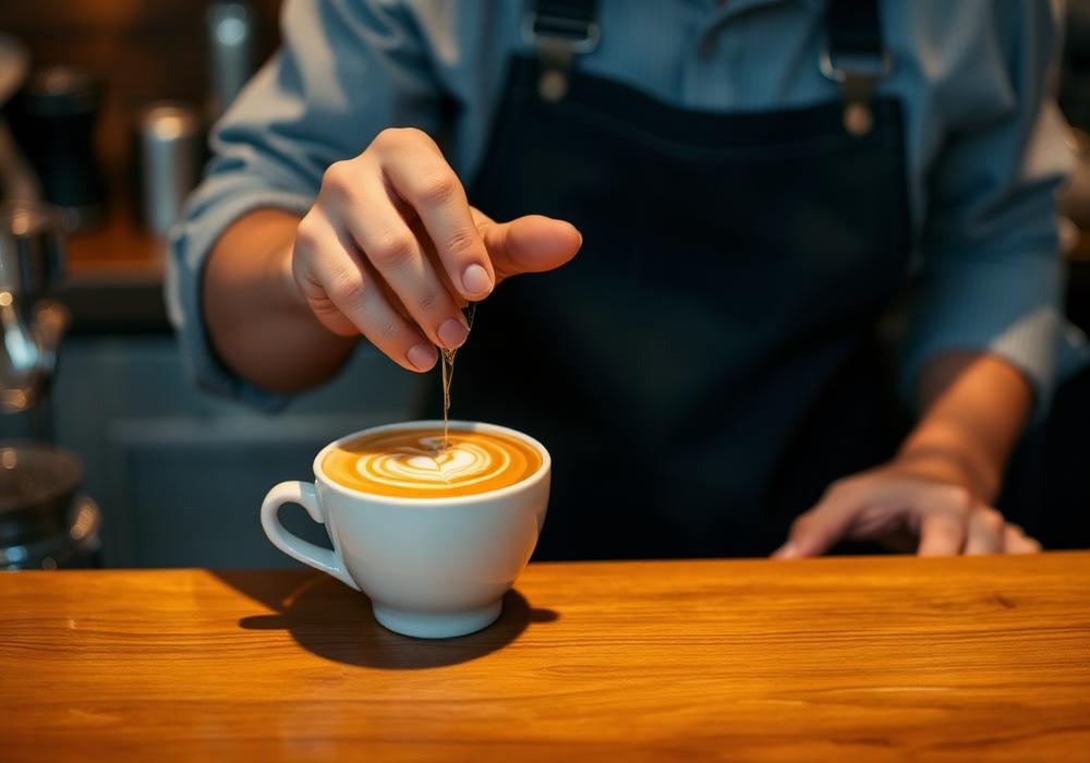 A barista finishing latte art at the Cafe Iroki counter