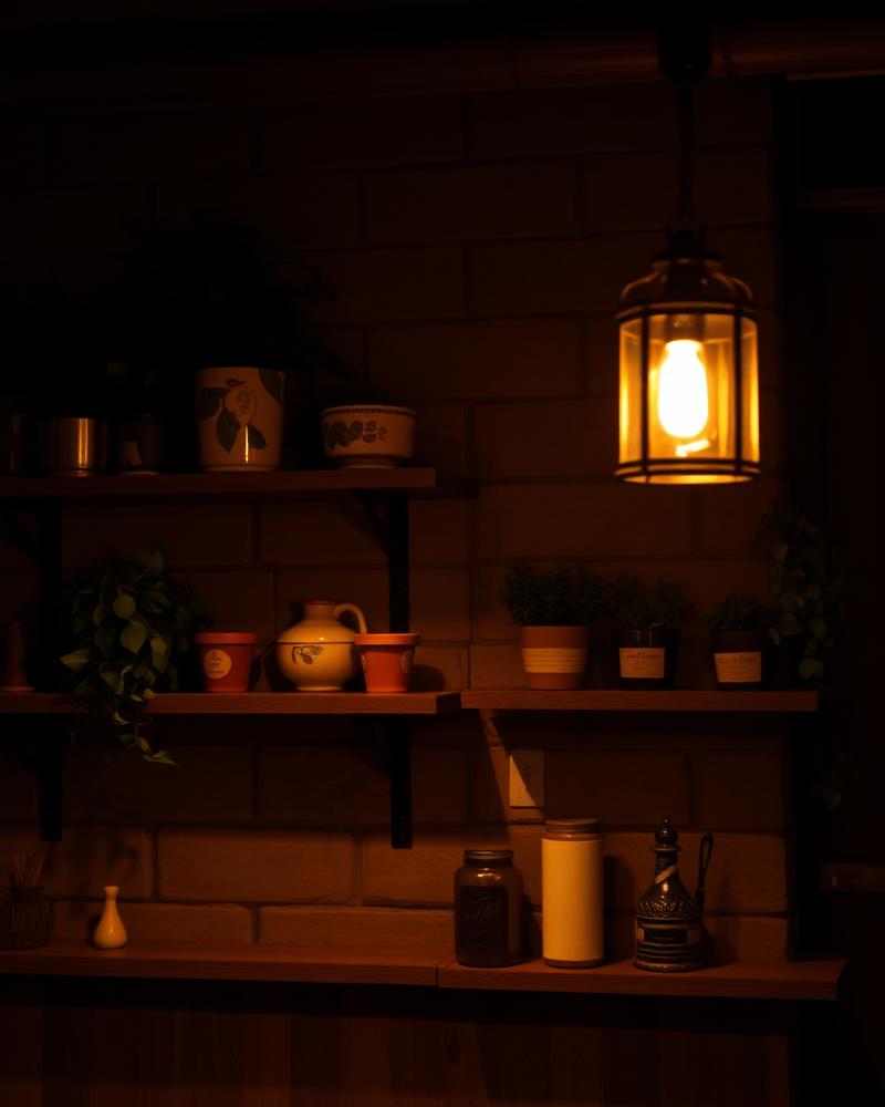 Lantern light over shelves of ceramics and plants inside Cafe Iroki