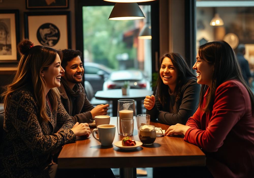 Friends laughing over coffee and dessert at a table in Cafe Iroki