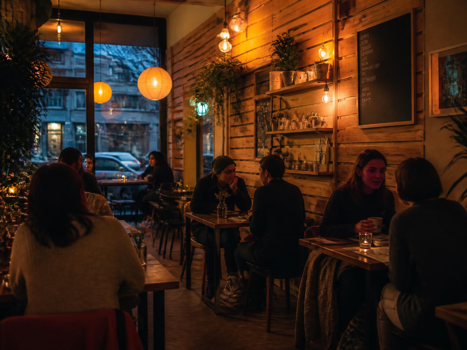 Guests chatting in Cafe Iroki's warm, lamplit interior with wooden walls and paper lanterns